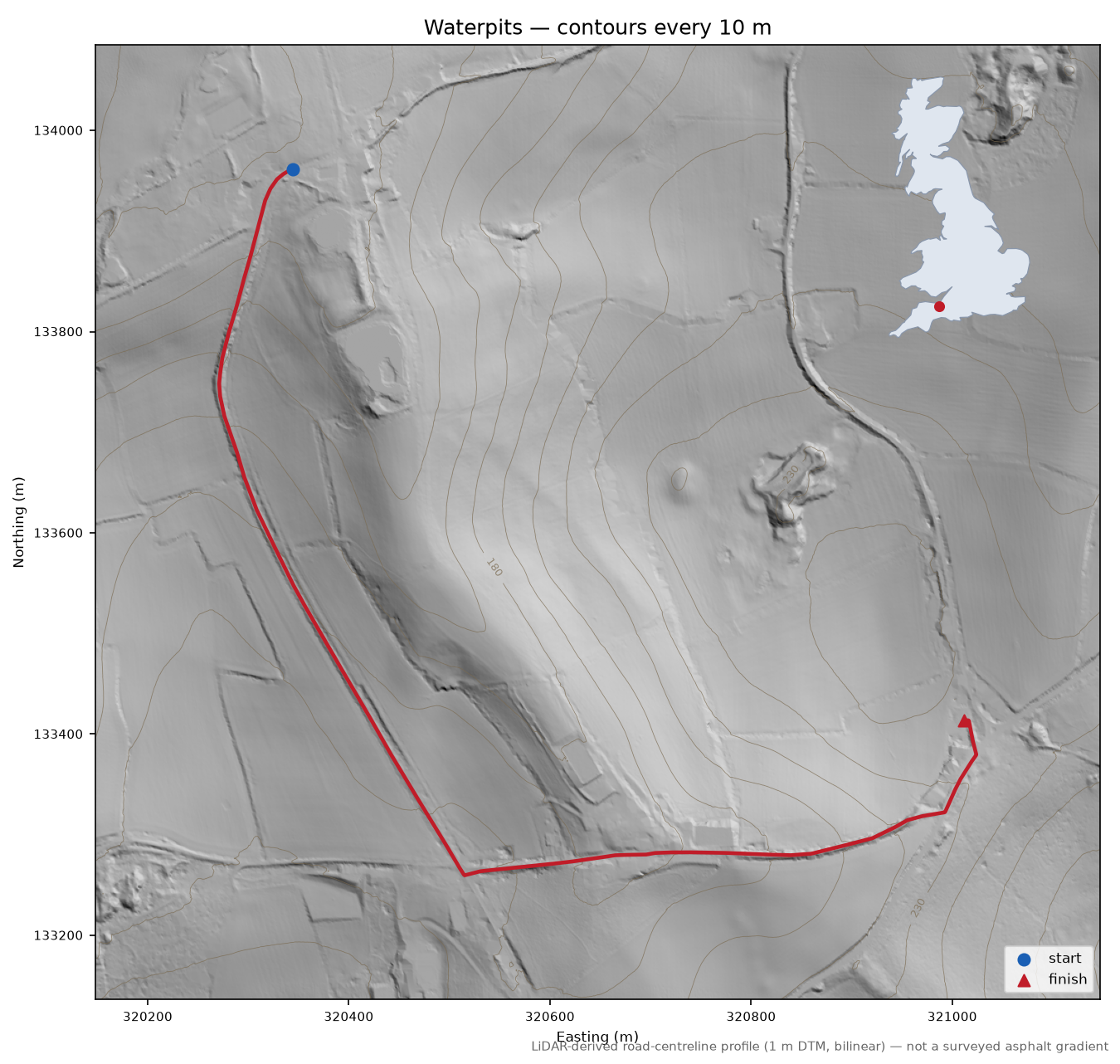 Waterpits LiDAR hillshade map with contours