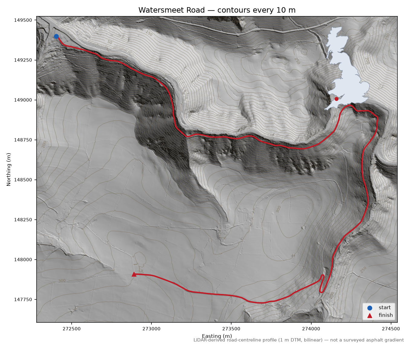 Watersmeet Road LiDAR hillshade map with contours