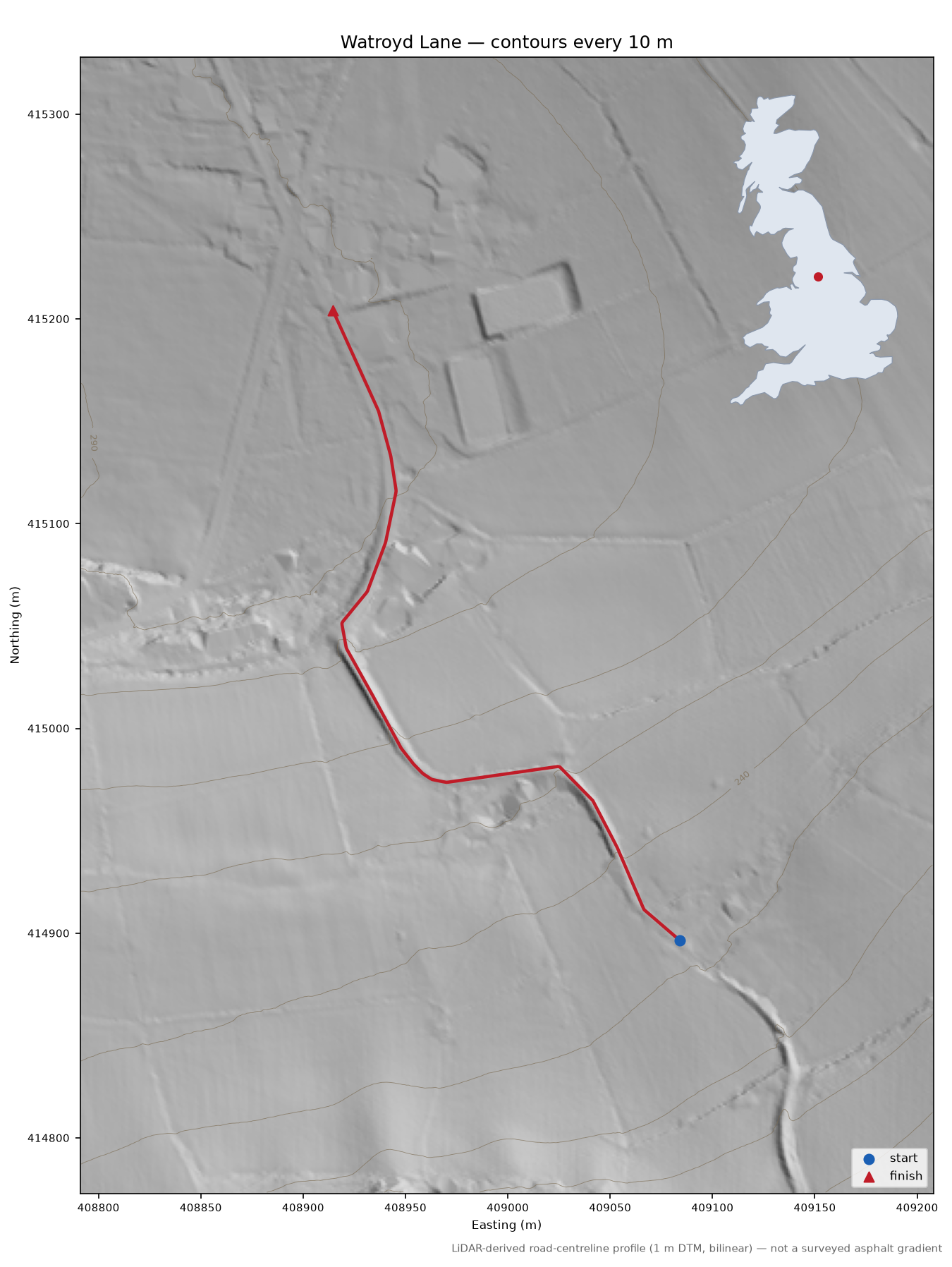 Watroyd Lane LiDAR hillshade map with contours