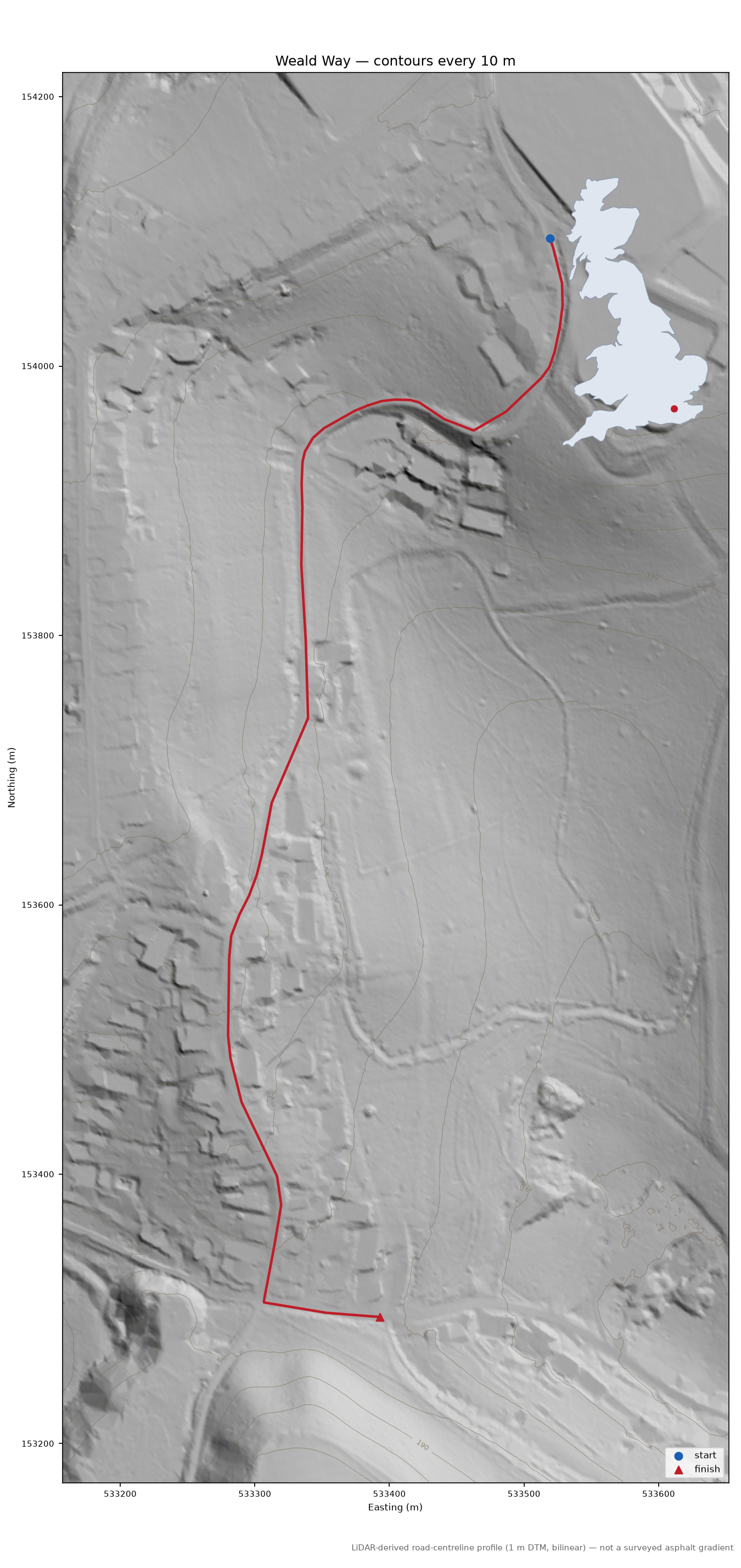 Weald Way LiDAR hillshade map with contours