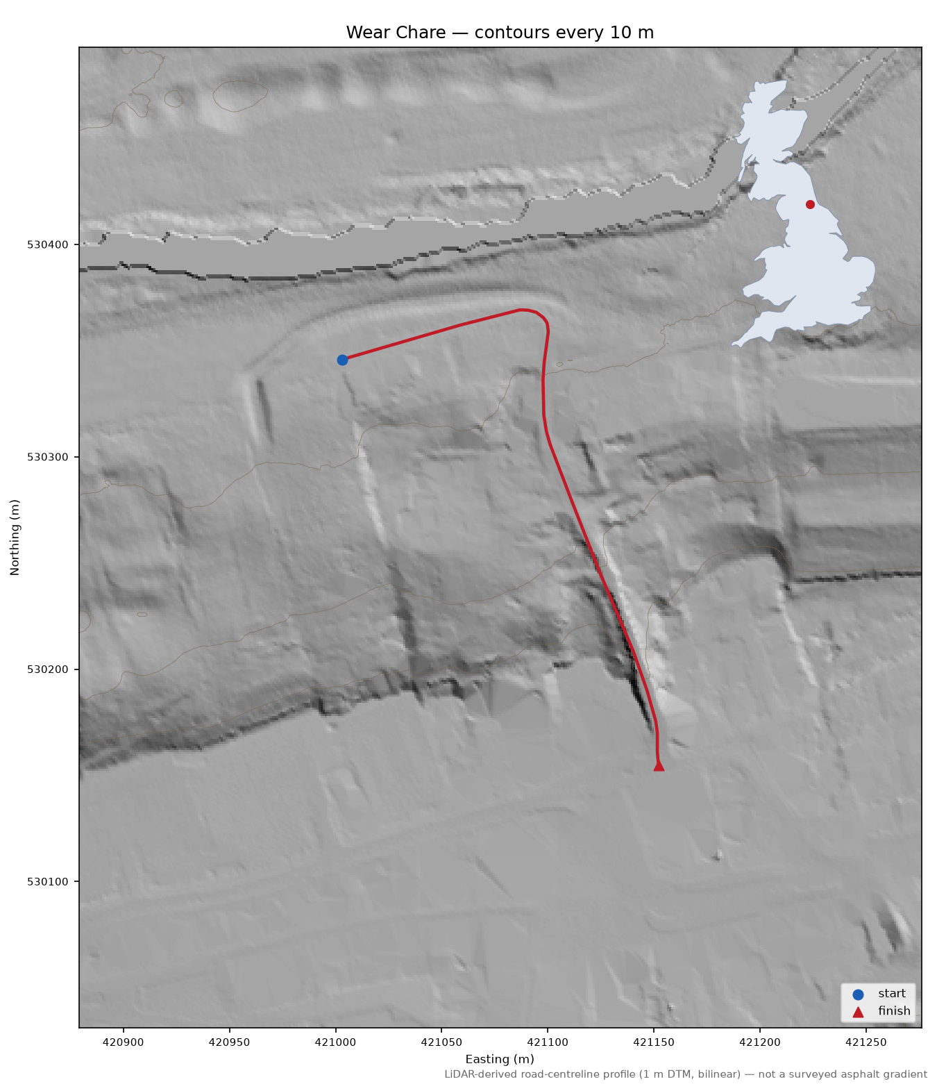 Wear Chare LiDAR hillshade map with contours