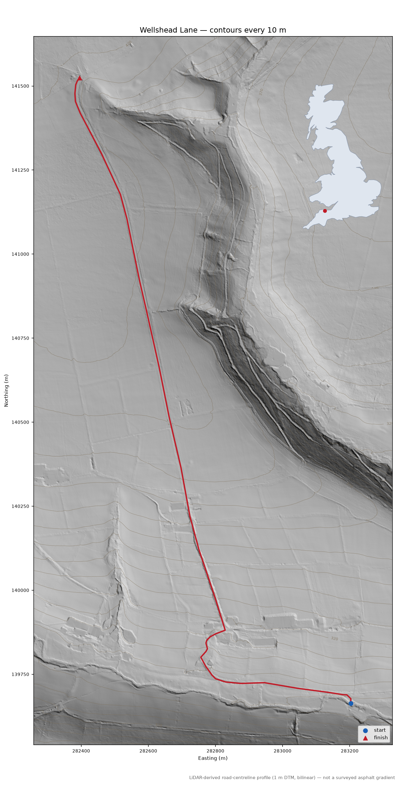 Wellshead Lane LiDAR hillshade map with contours