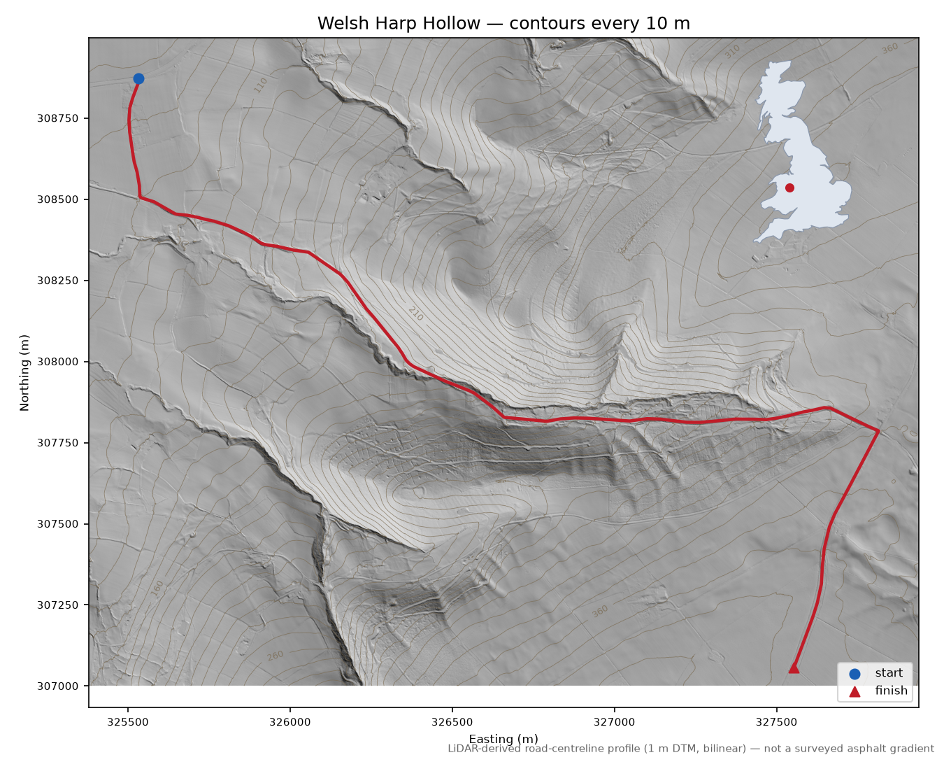 Welsh Harp Hollow LiDAR hillshade map with contours
