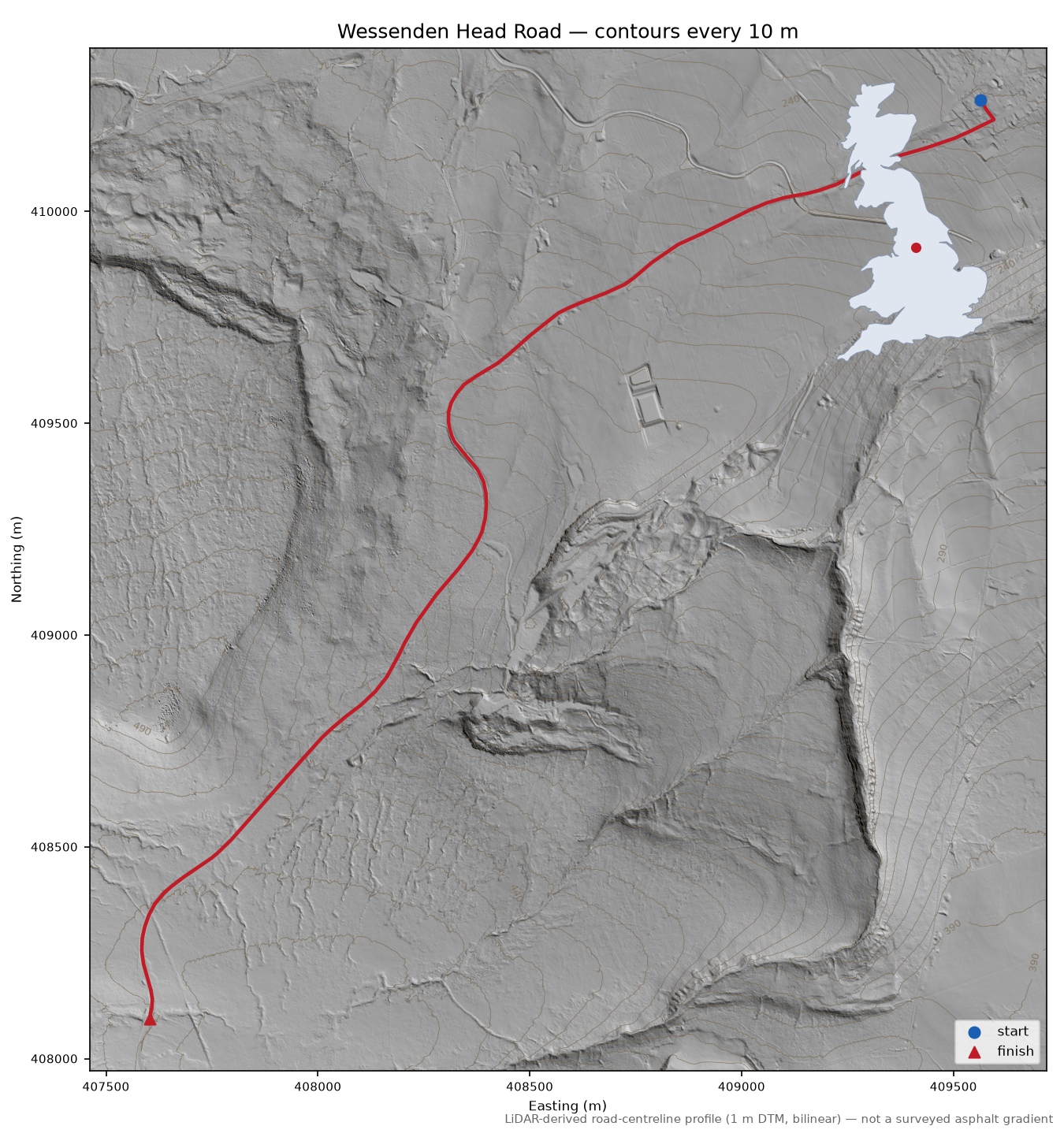 Wessenden Head Road LiDAR hillshade map with contours