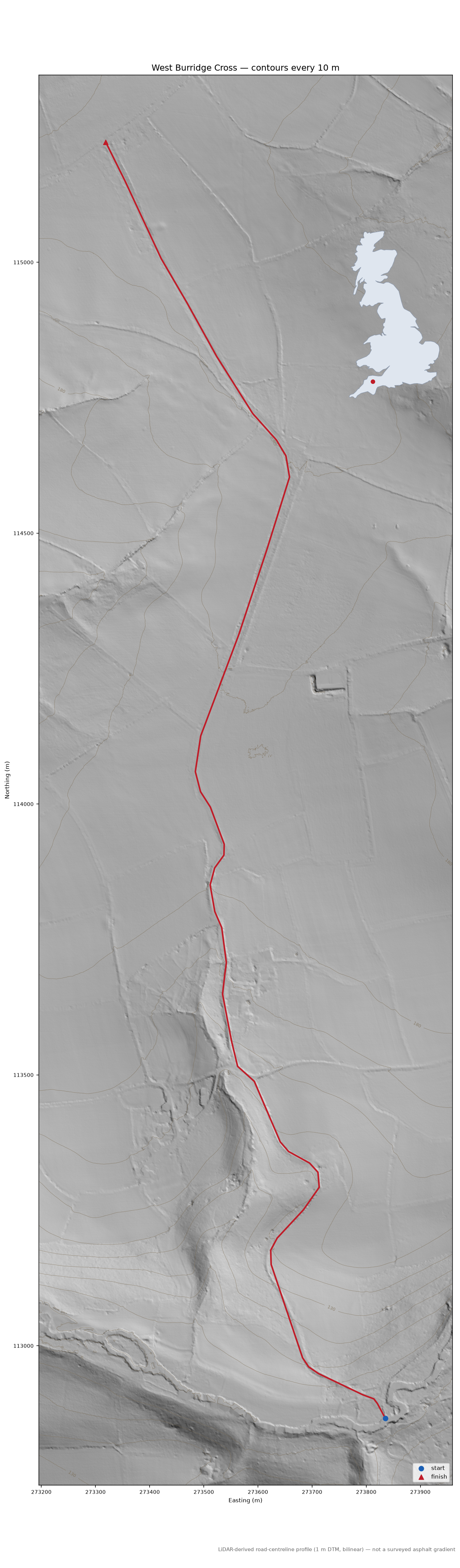 West Burridge Cross LiDAR hillshade map with contours
