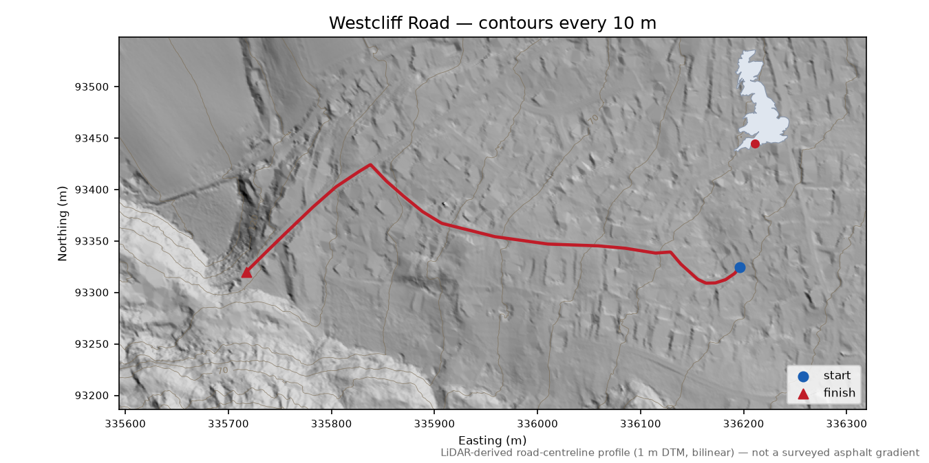 Westcliff Road LiDAR hillshade map with contours