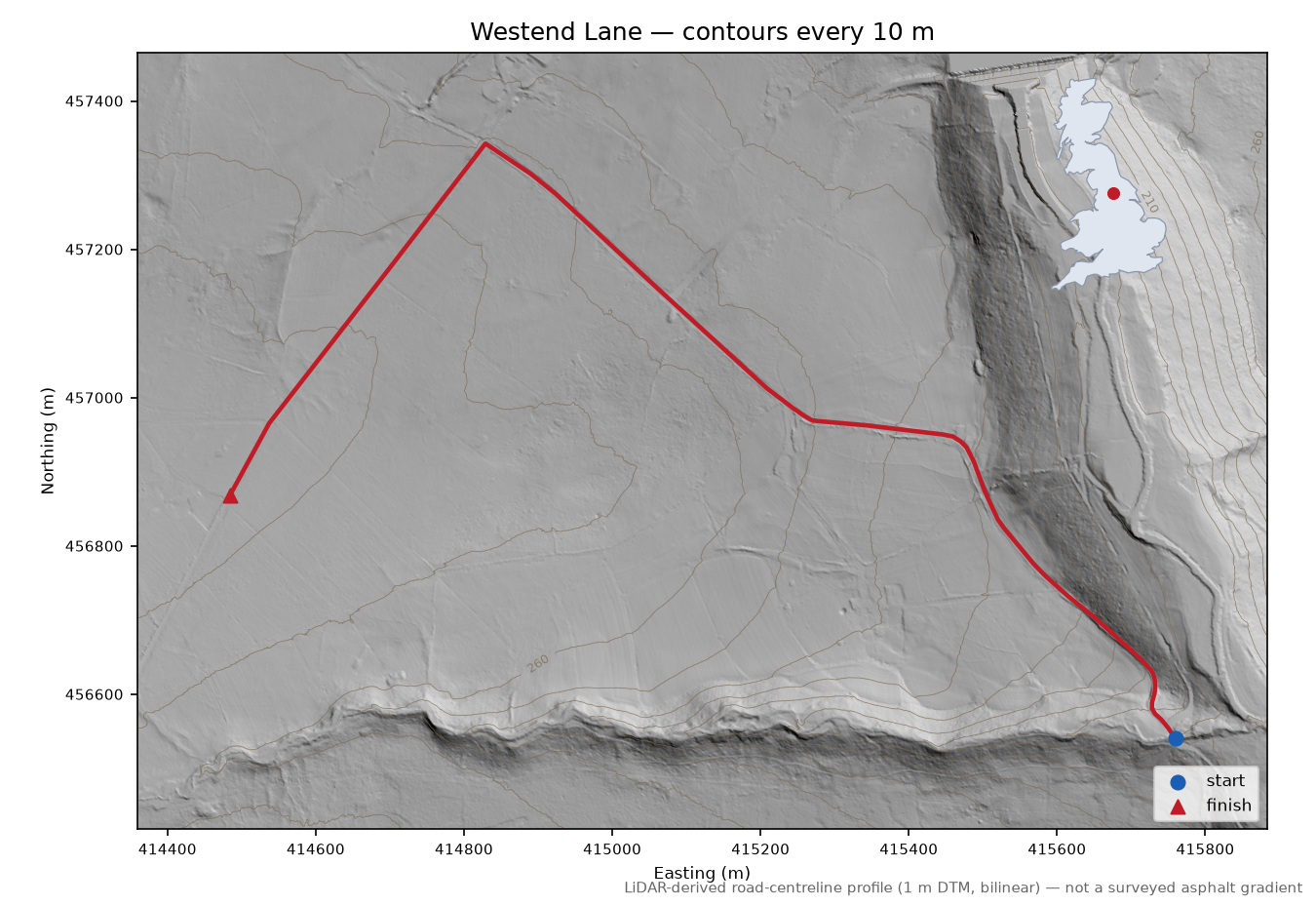 Westend Lane LiDAR hillshade map with contours