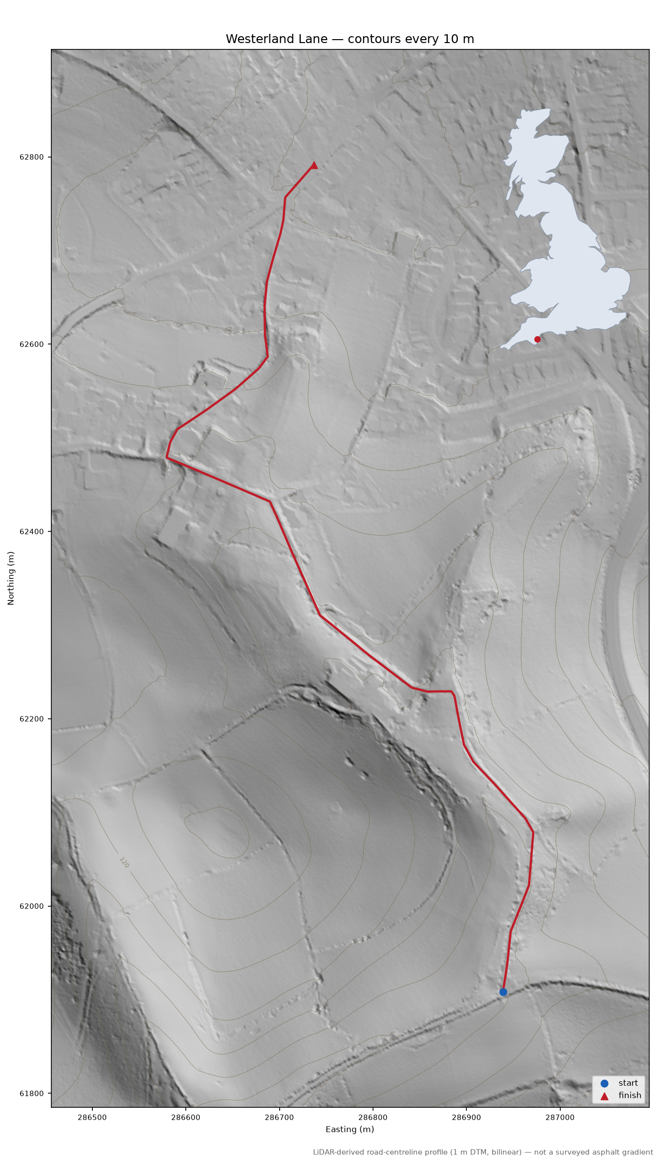 Westerland Lane LiDAR hillshade map with contours