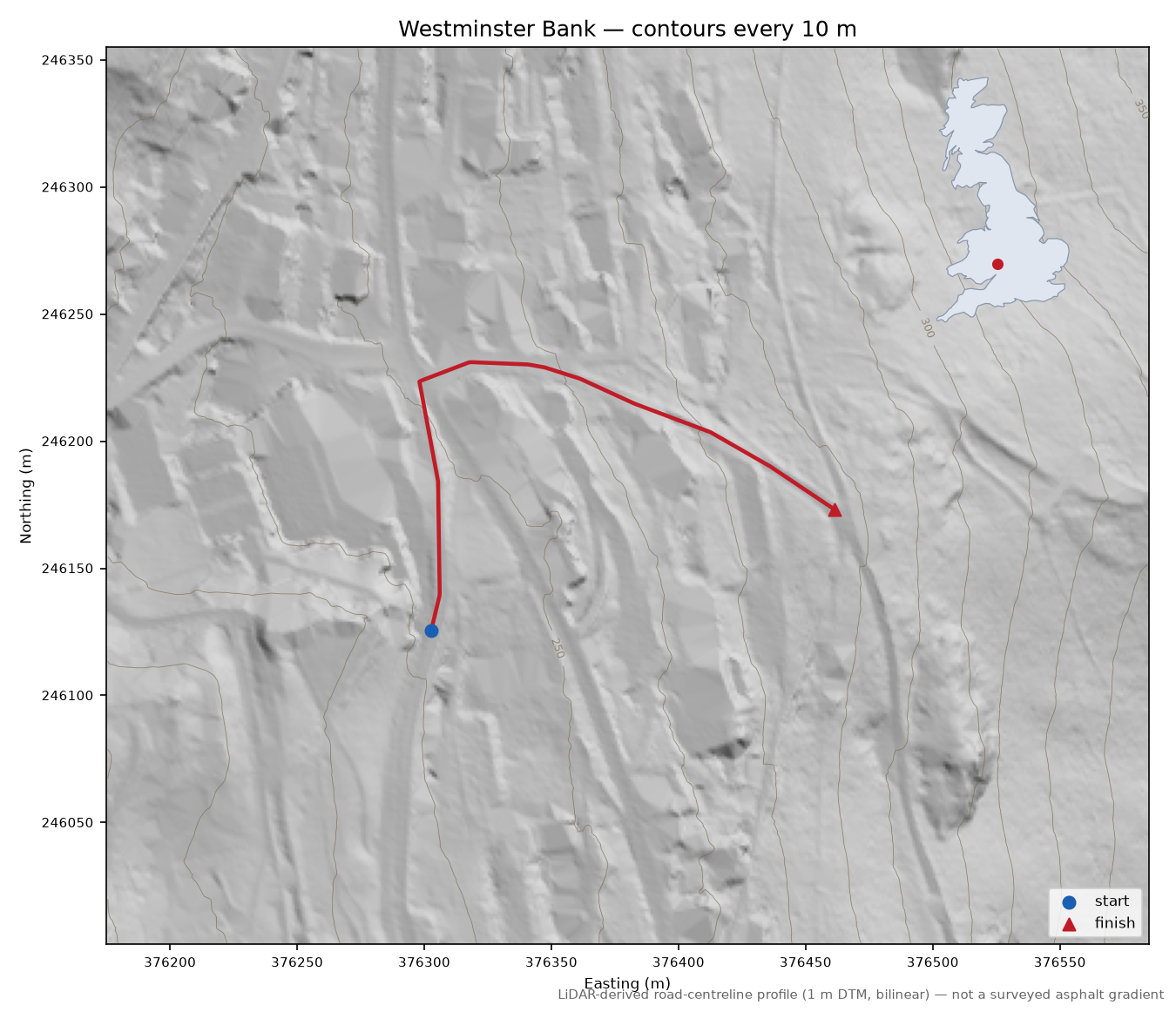 Westminster Bank LiDAR hillshade map with contours