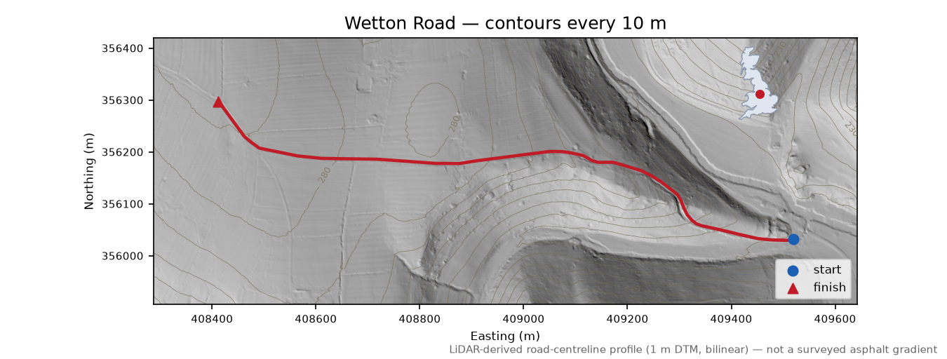 Wetton Road LiDAR hillshade map with contours