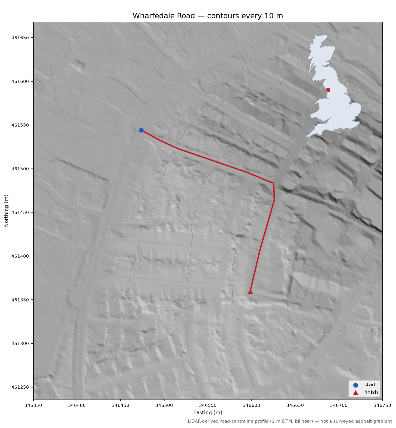 Wharfedale Road LiDAR hillshade map with contours