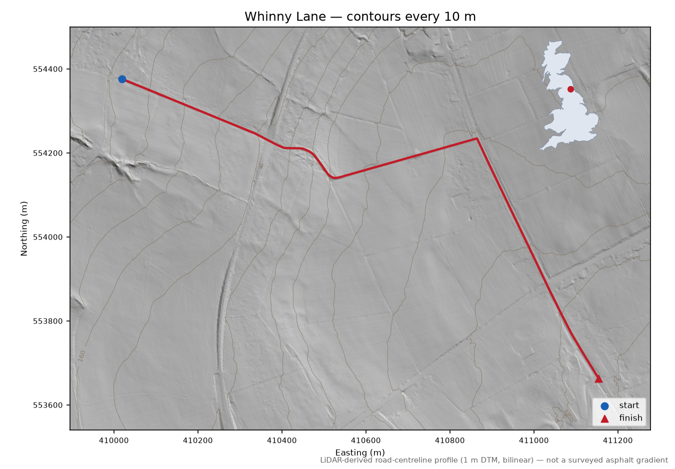 Whinny Lane LiDAR hillshade map with contours