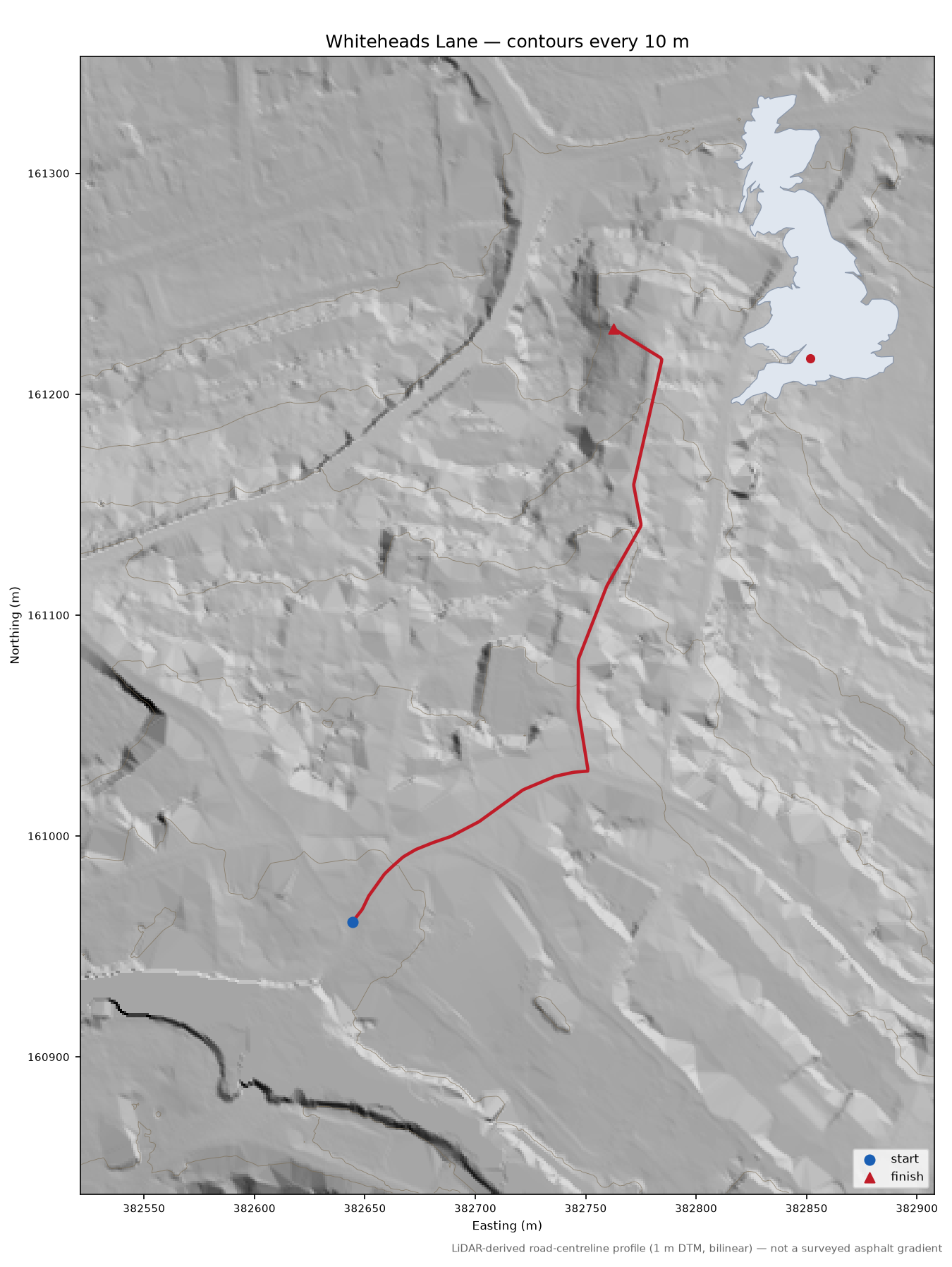 Whiteheads Lane LiDAR hillshade map with contours