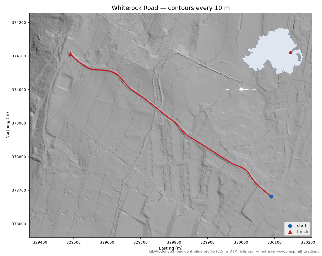 Whiterock Road LiDAR hillshade map with contours