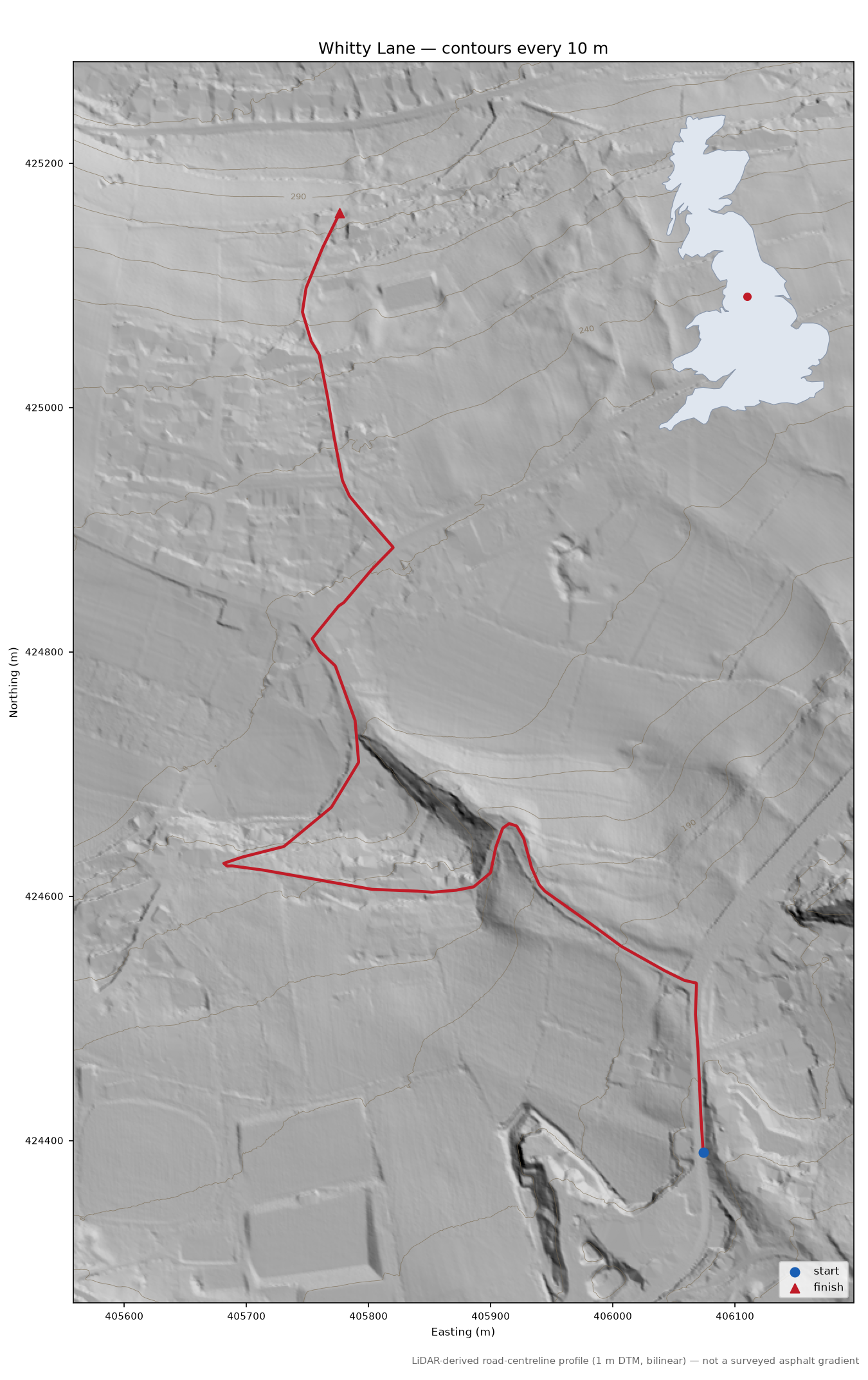Whitty Lane LiDAR hillshade map with contours