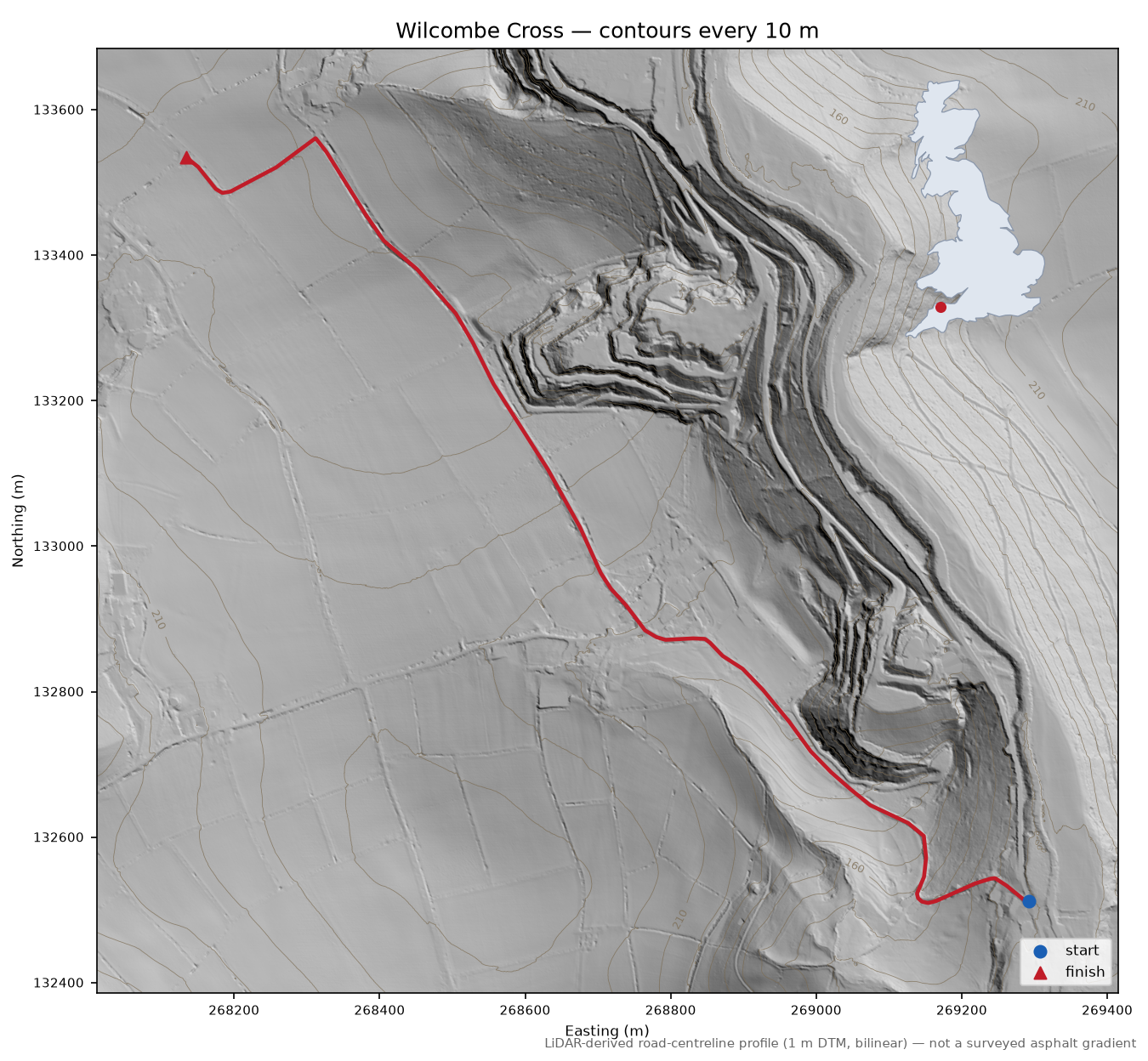 Wilcombe Cross LiDAR hillshade map with contours