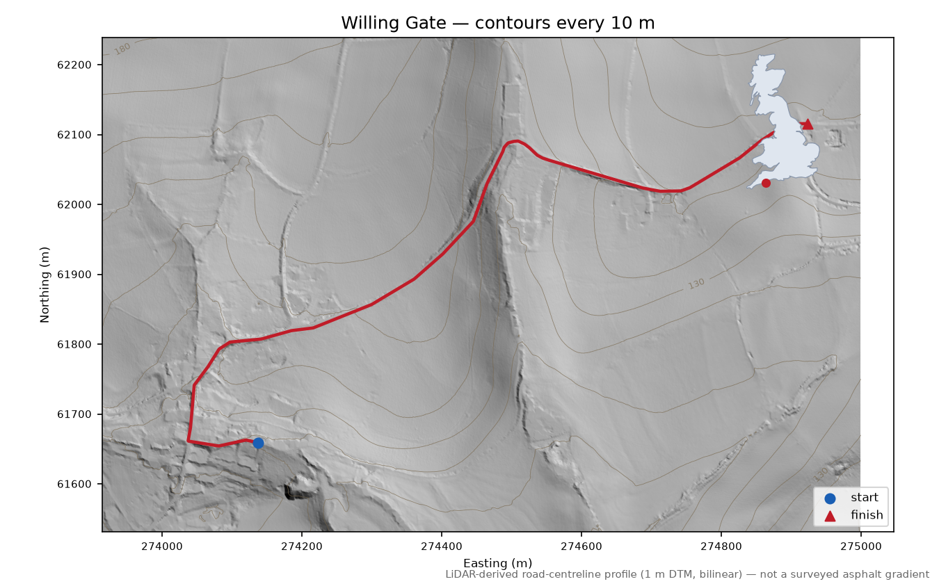 Willing Gate LiDAR hillshade map with contours