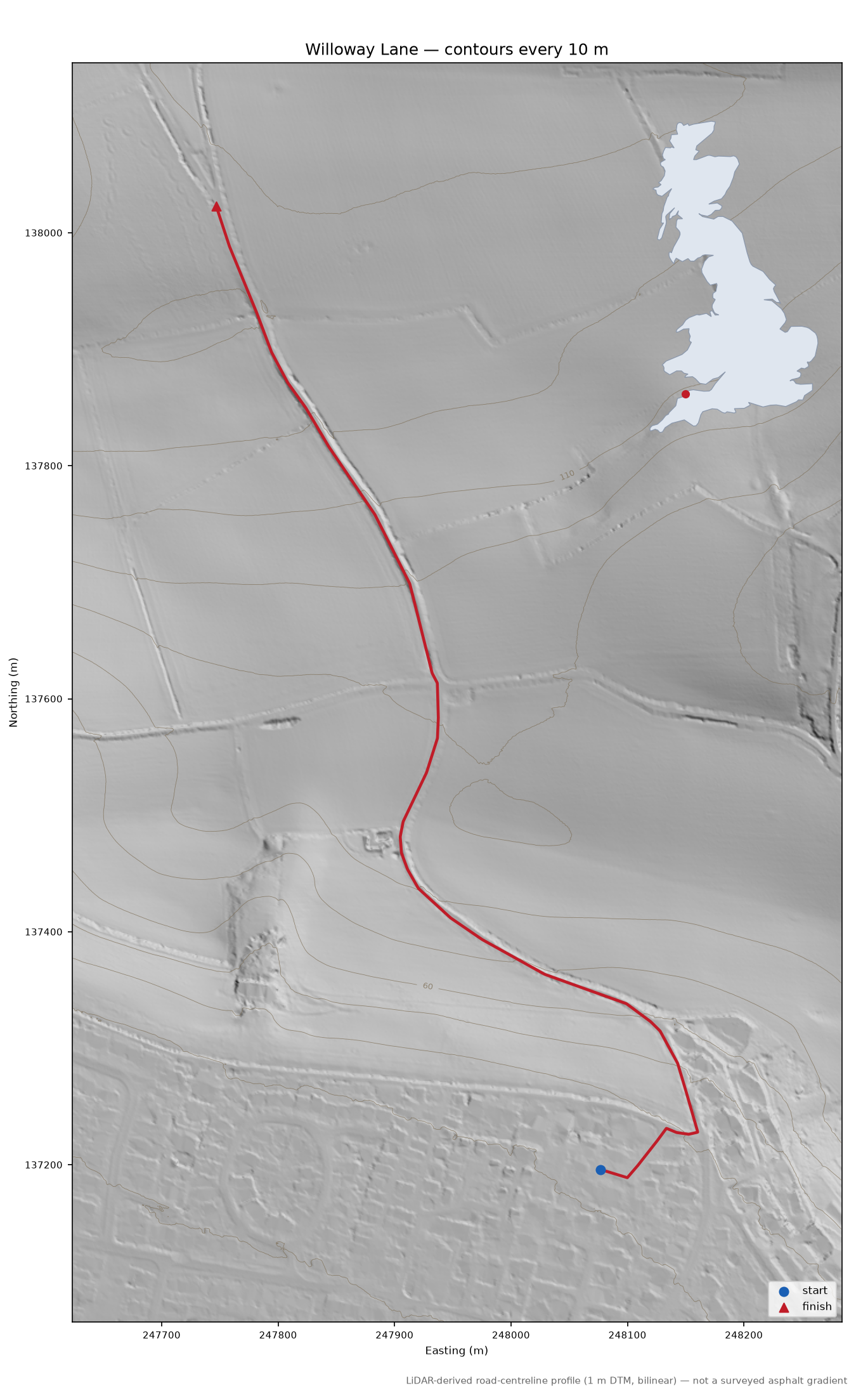 Willoway Lane LiDAR hillshade map with contours