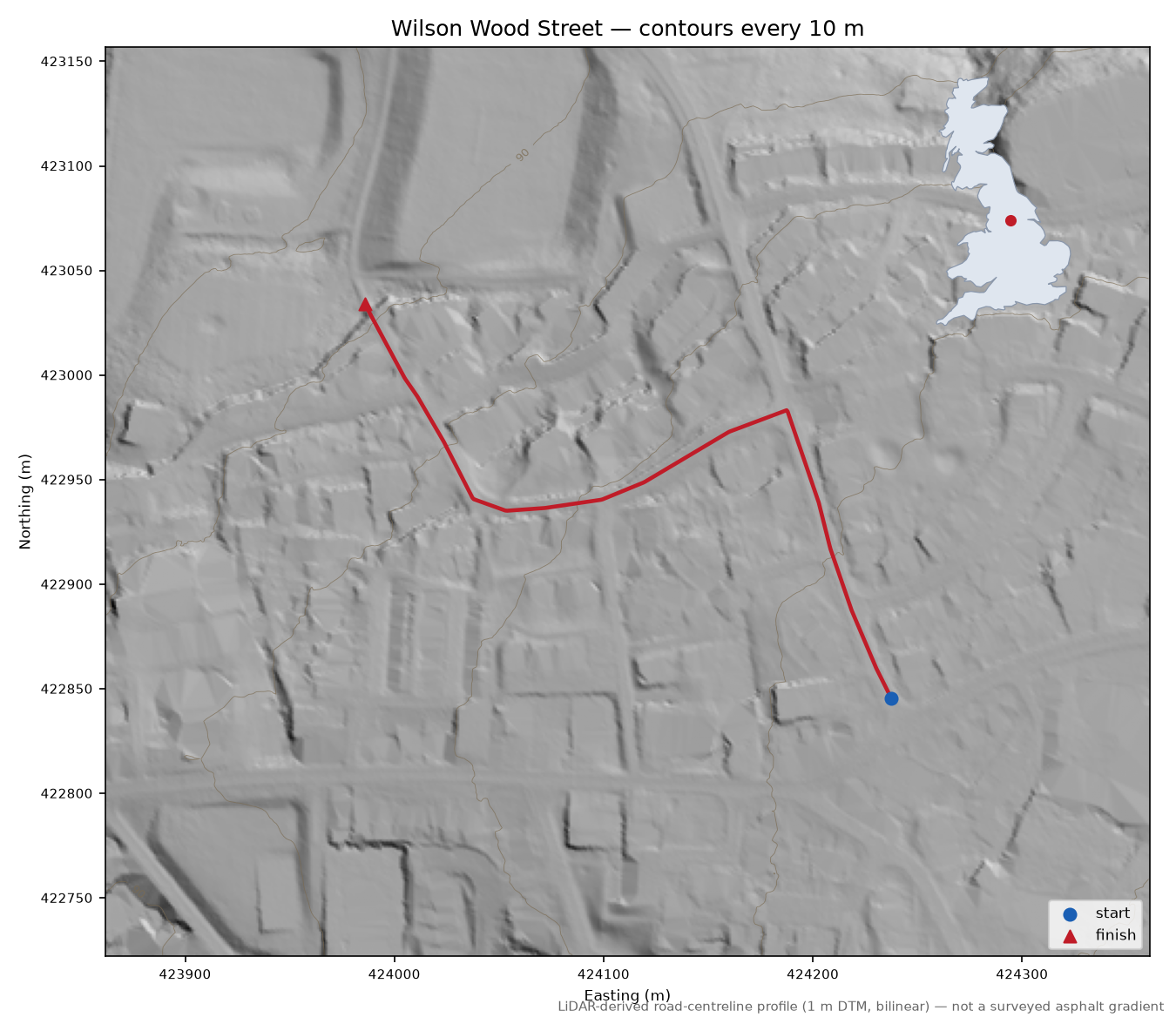 Wilson Wood Street LiDAR hillshade map with contours
