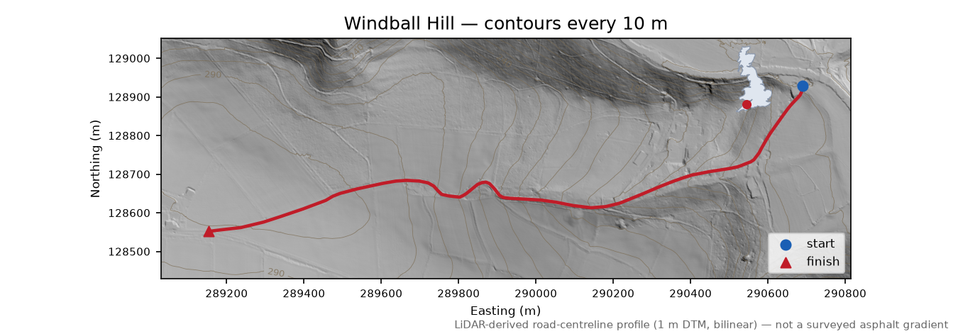 Windball Hill LiDAR hillshade map with contours