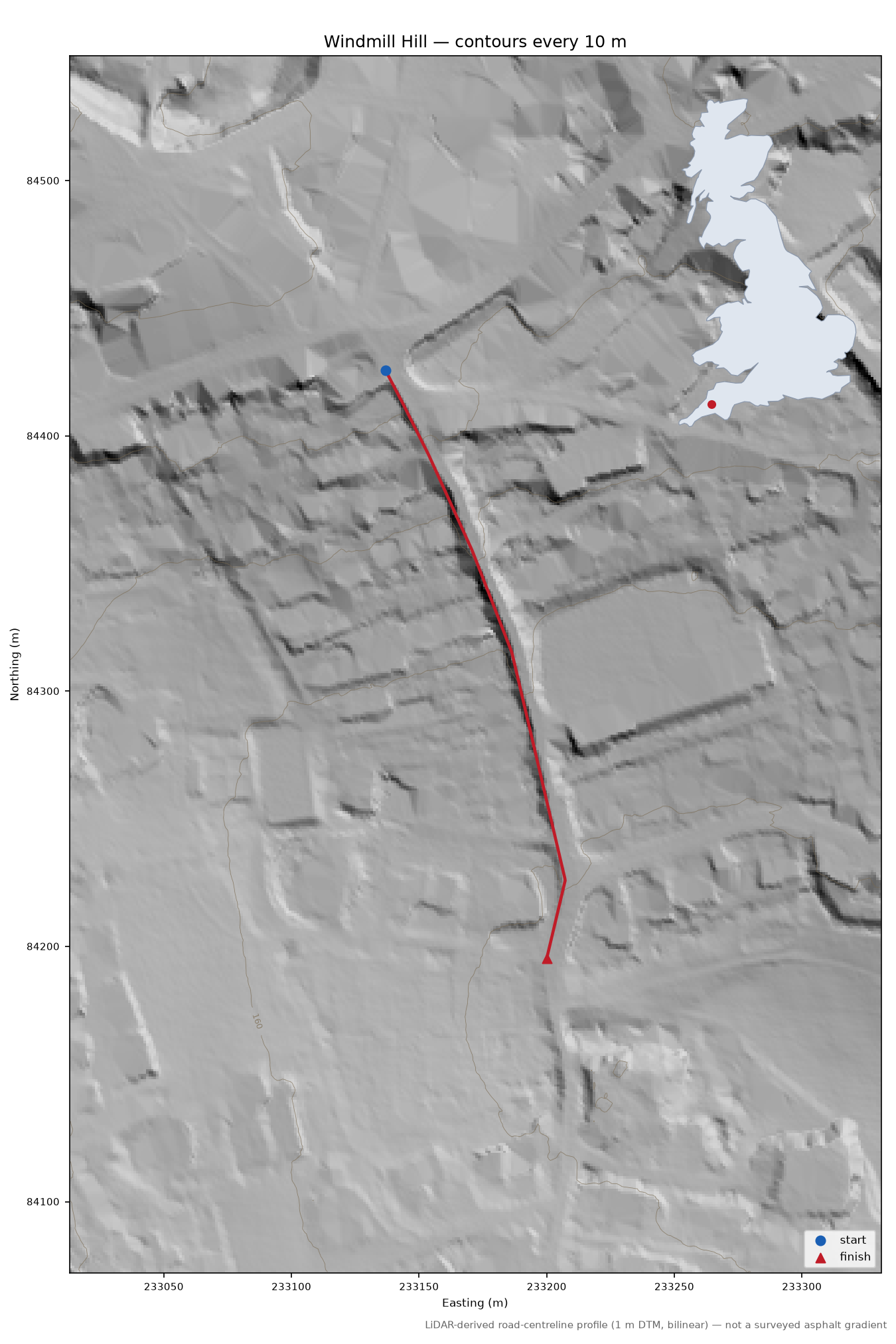 Windmill Hill LiDAR hillshade map with contours
