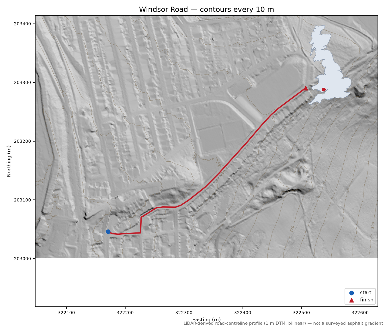 Windsor Road LiDAR hillshade map with contours