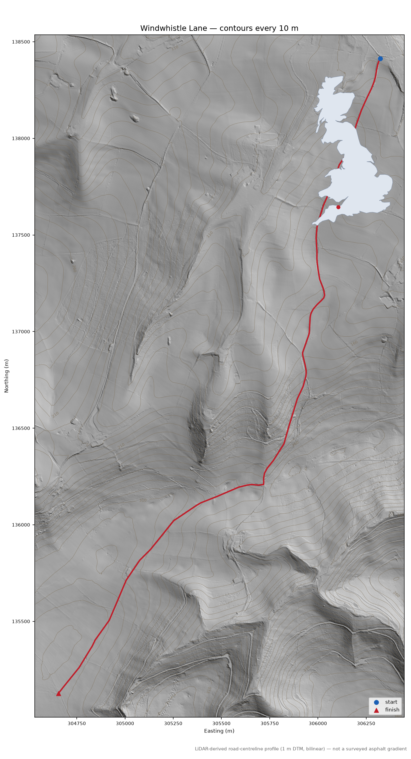 Windwhistle Lane LiDAR hillshade map with contours
