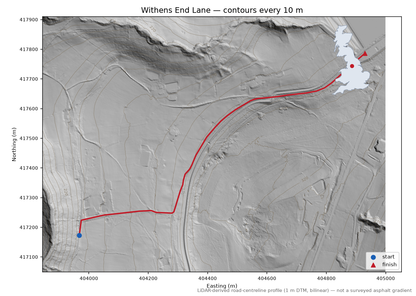Withens End Lane LiDAR hillshade map with contours