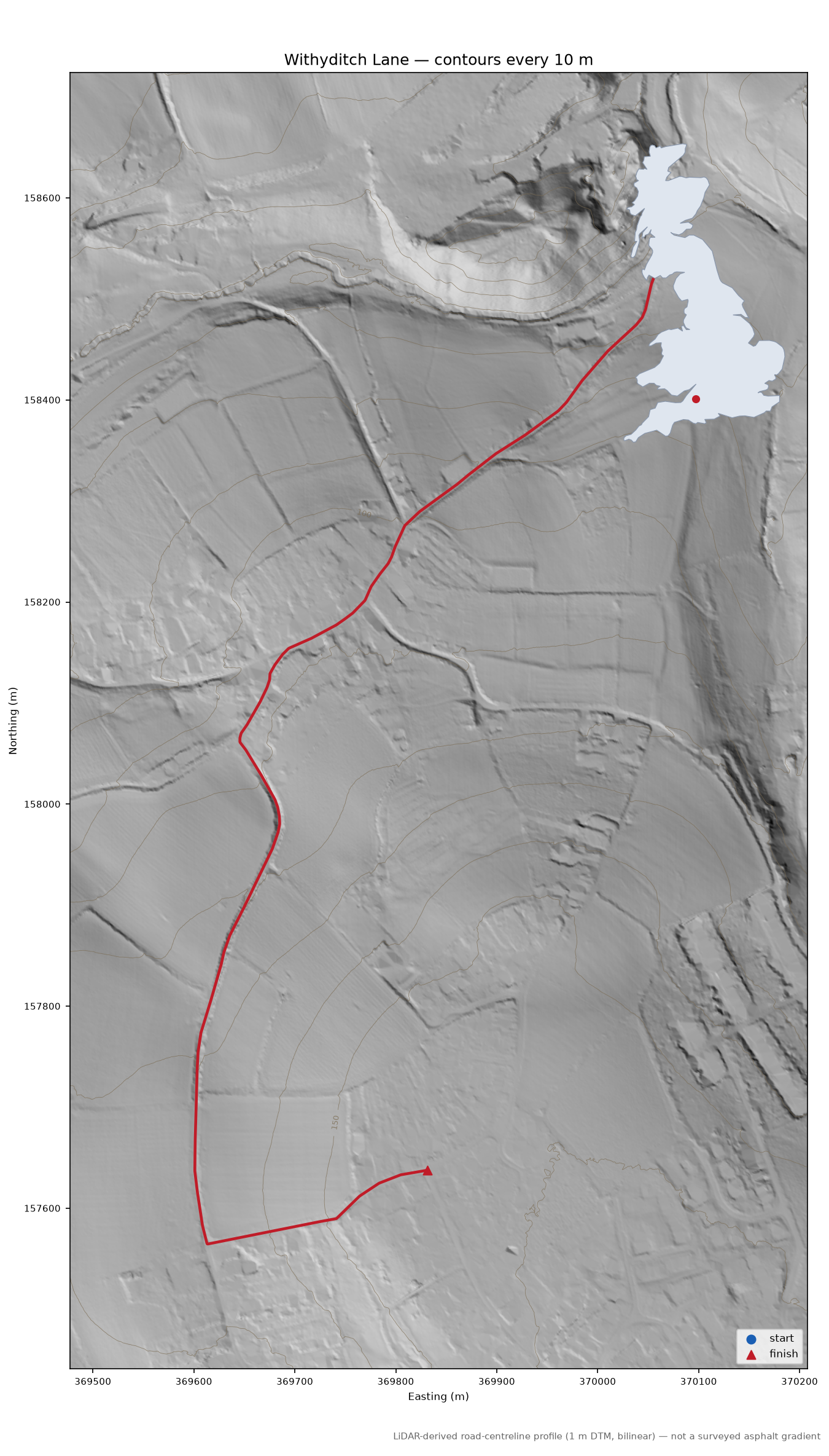 Withyditch Lane LiDAR hillshade map with contours