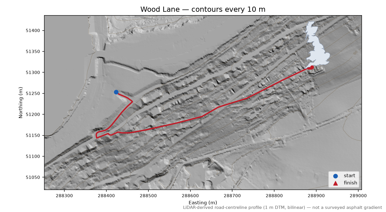 Wood Lane LiDAR hillshade map with contours