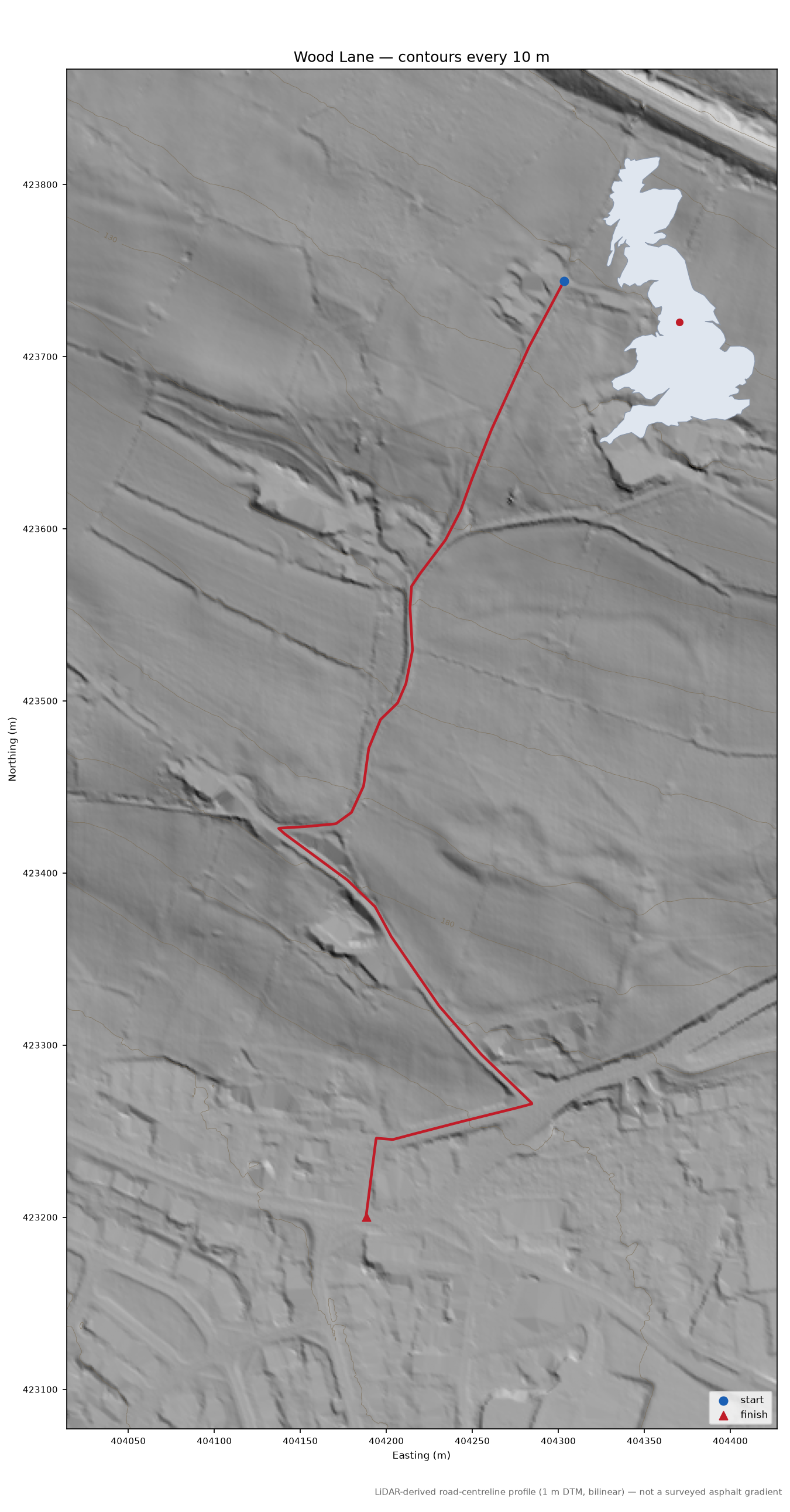 Wood Lane LiDAR hillshade map with contours