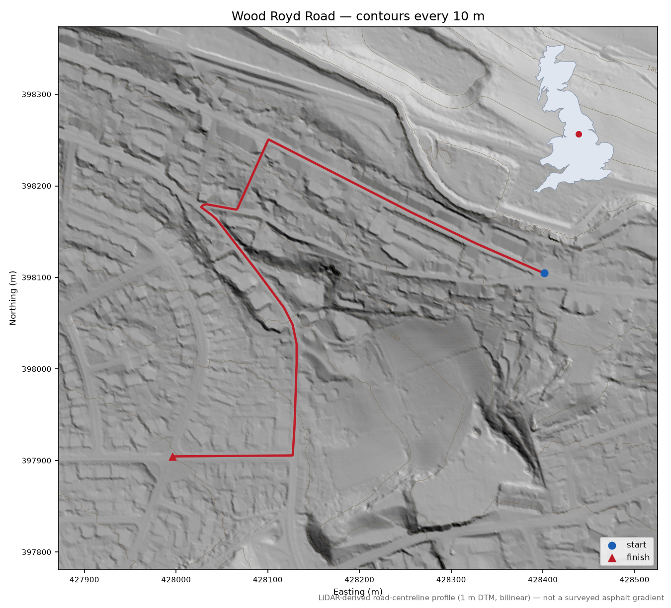 Wood Royd Road LiDAR hillshade map with contours