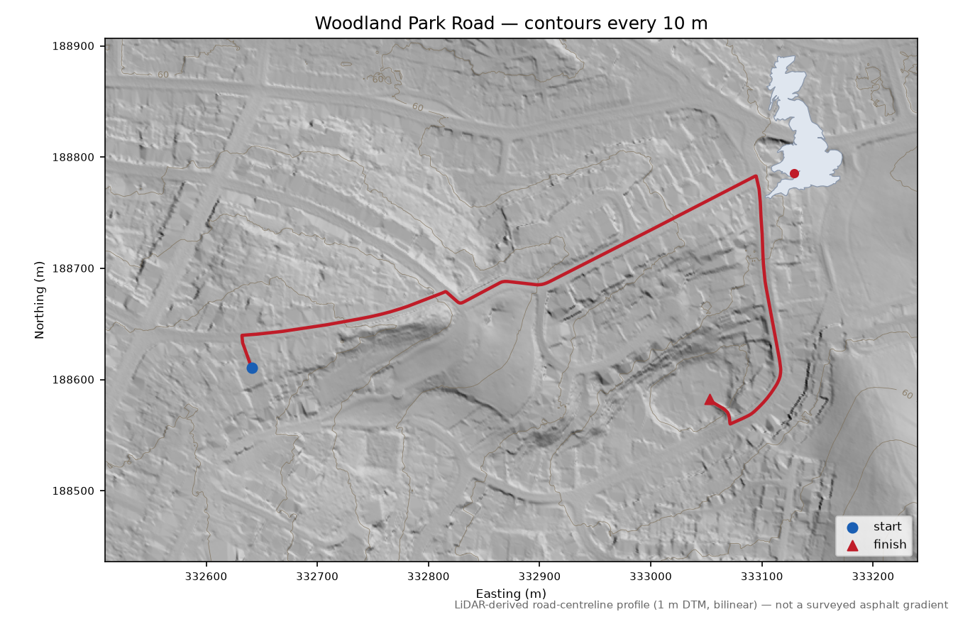 Woodland Park Road LiDAR hillshade map with contours