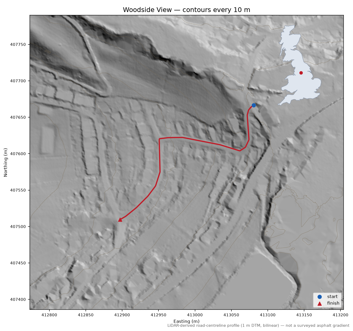Woodside View LiDAR hillshade map with contours