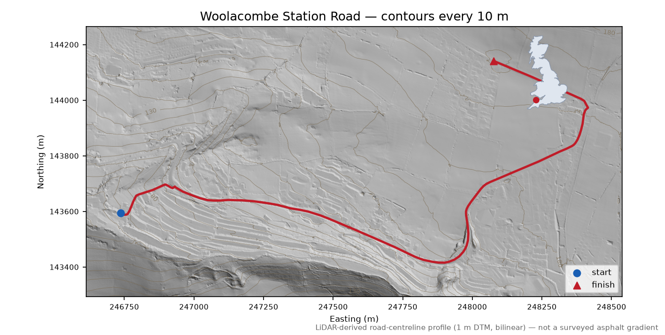 Woolacombe Station Road LiDAR hillshade map with contours