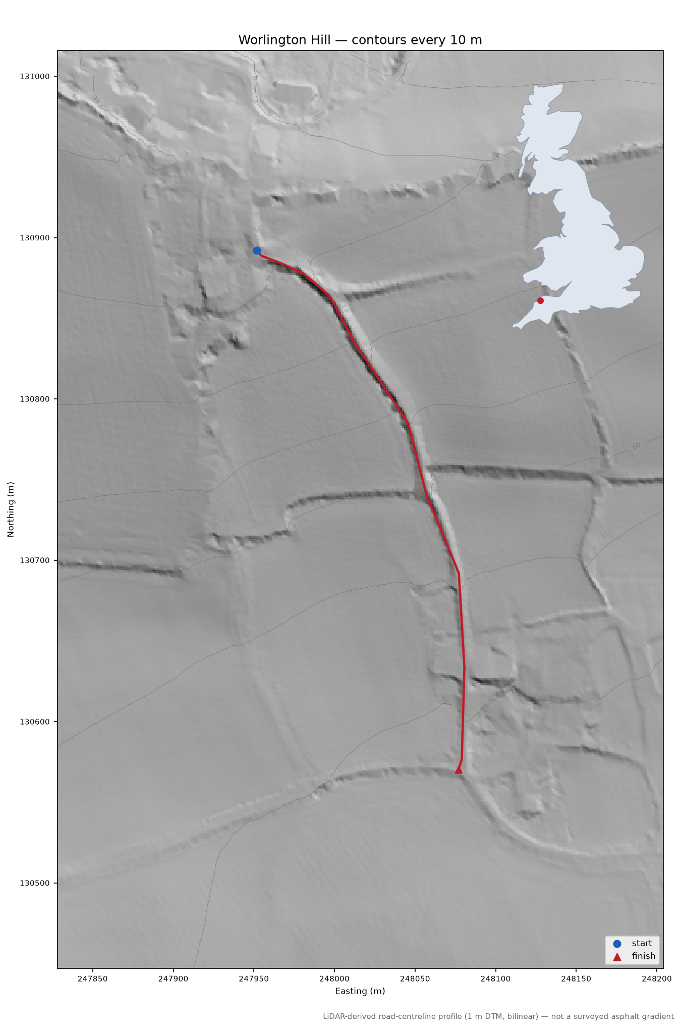 Worlington Hill LiDAR hillshade map with contours