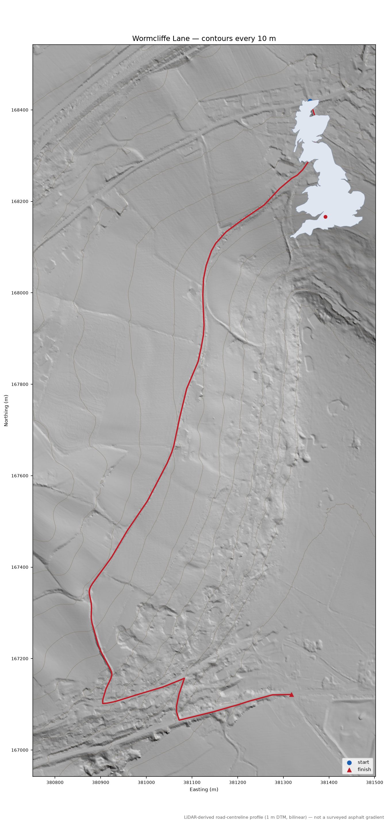 Wormcliffe Lane LiDAR hillshade map with contours