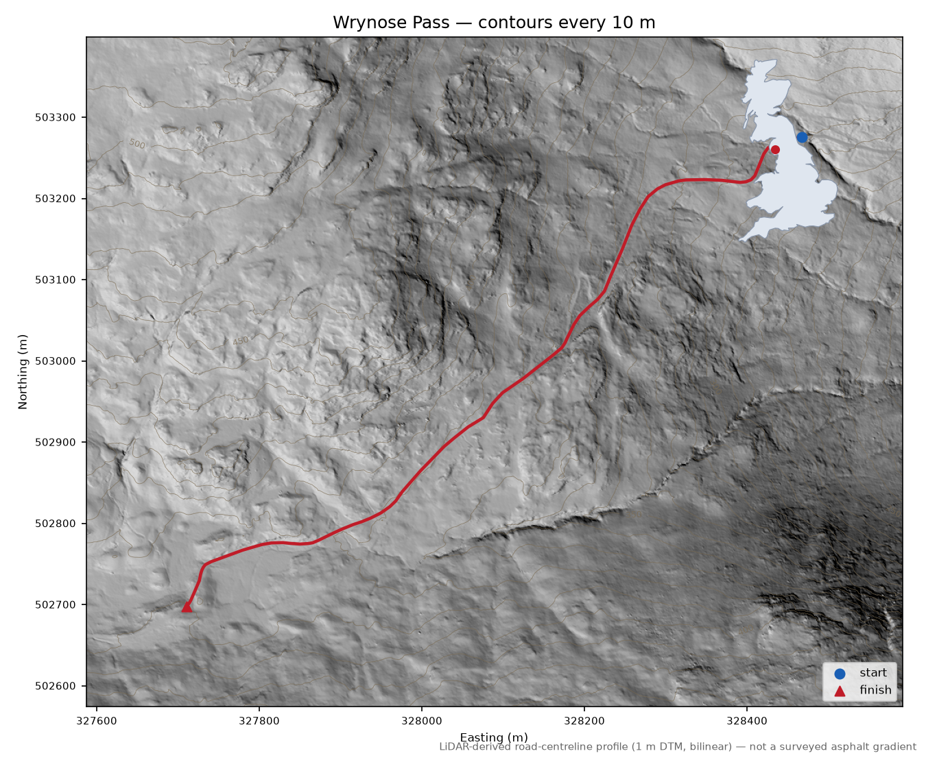 Wrynose Pass LiDAR hillshade map with contours