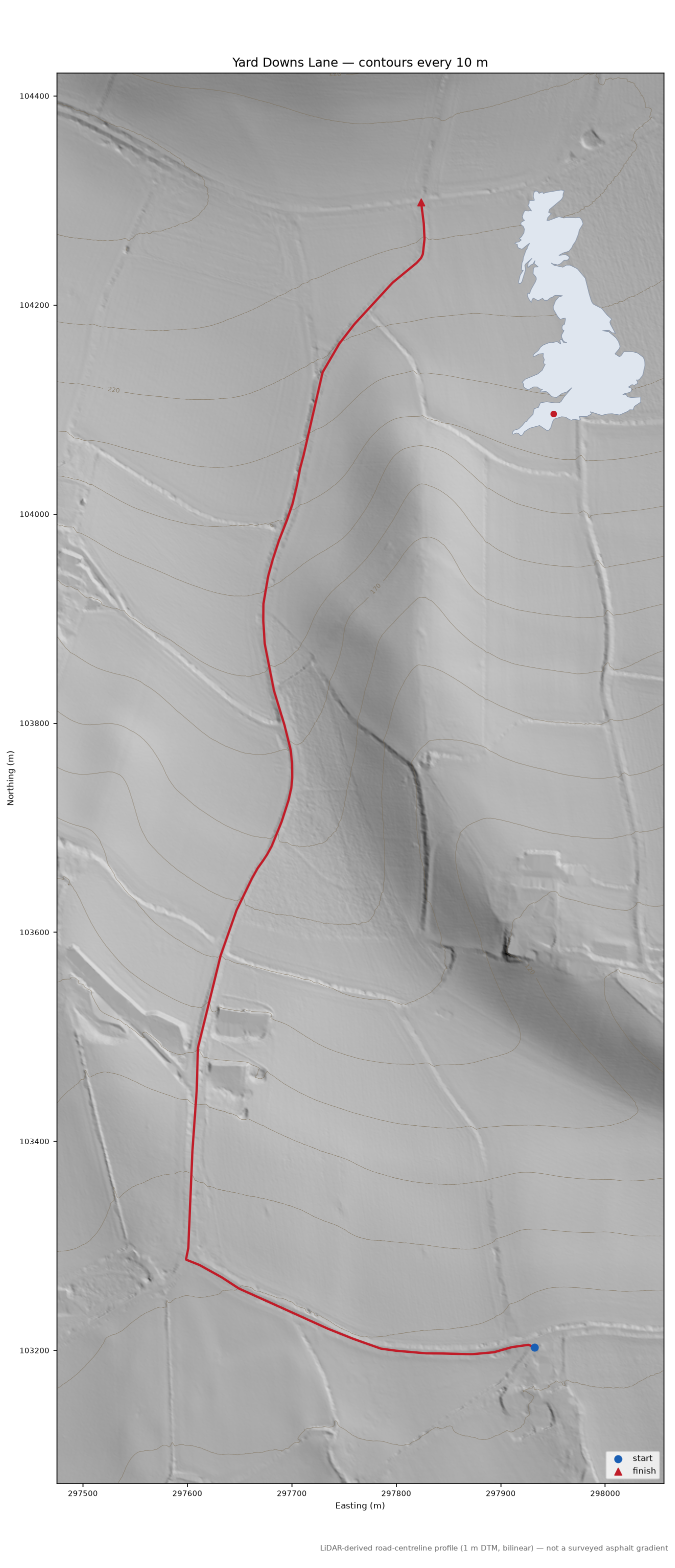 Yard Downs Lane LiDAR hillshade map with contours