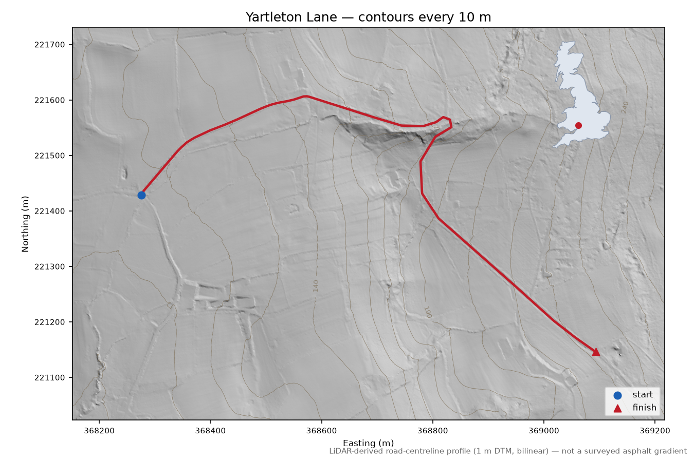 Yartleton Lane LiDAR hillshade map with contours