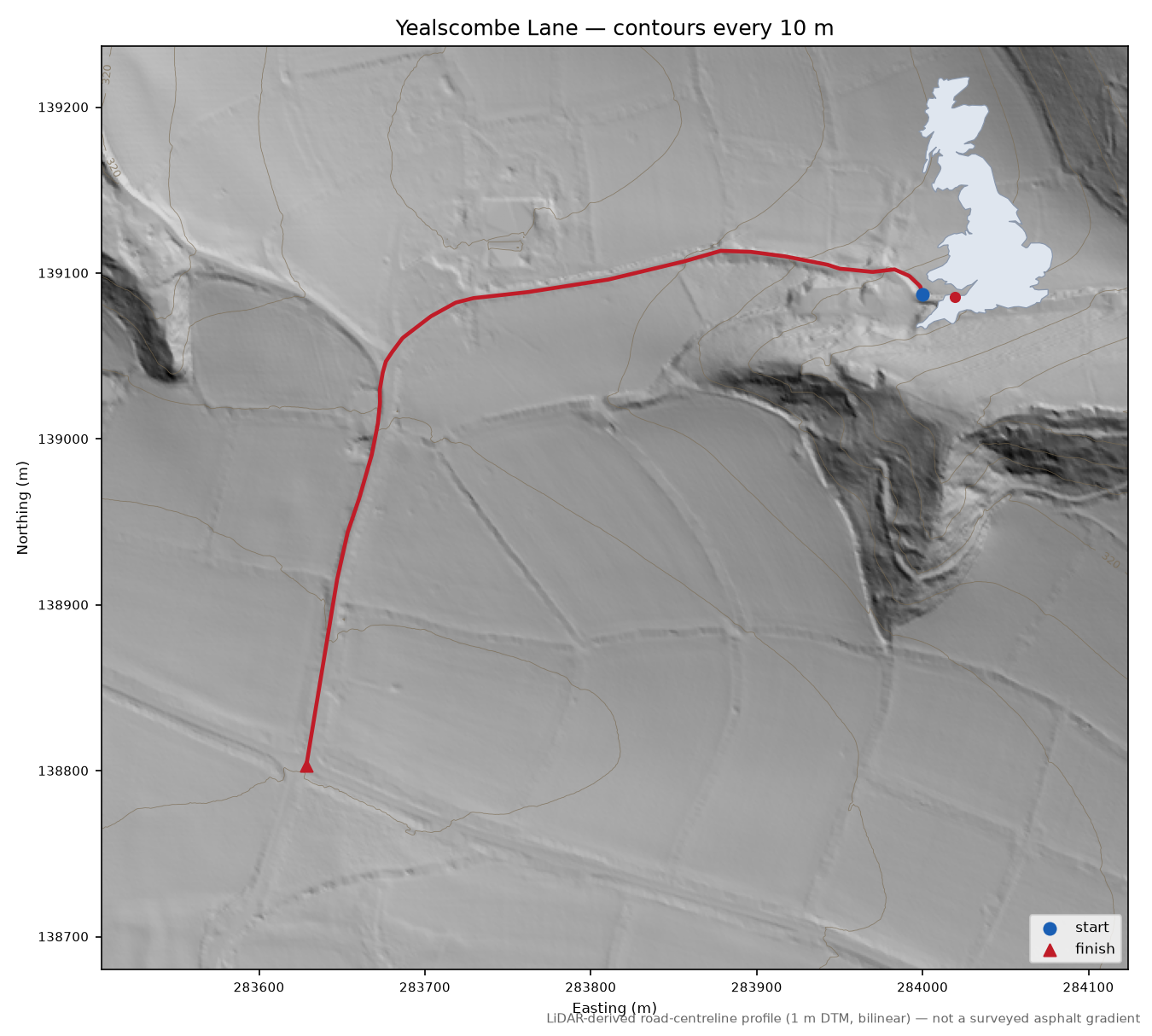 Yealscombe Lane LiDAR hillshade map with contours