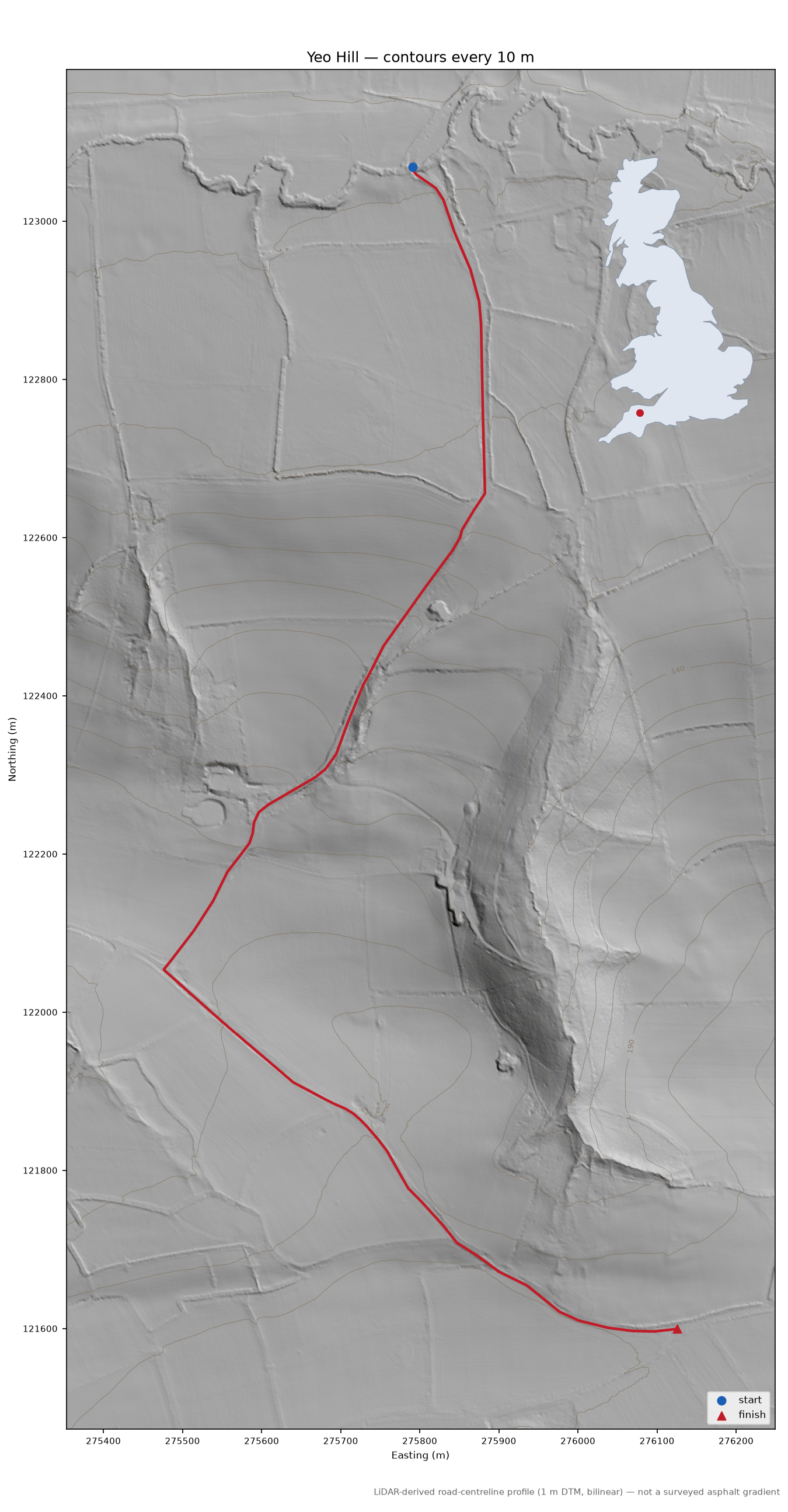 Yeo Hill LiDAR hillshade map with contours