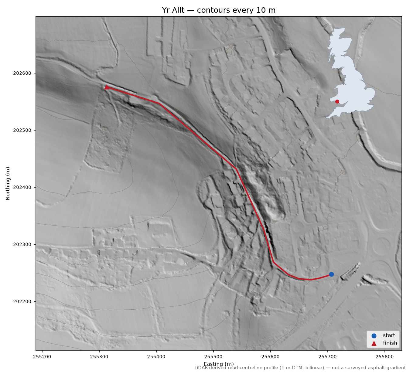 Yr Allt LiDAR hillshade map with contours