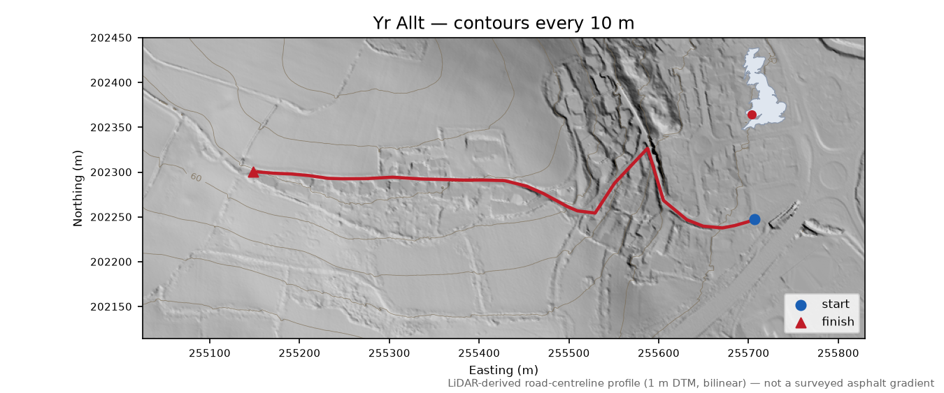Yr Allt LiDAR hillshade map with contours