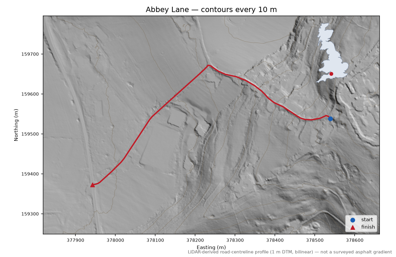 Abbey Lane LiDAR hillshade map with contours