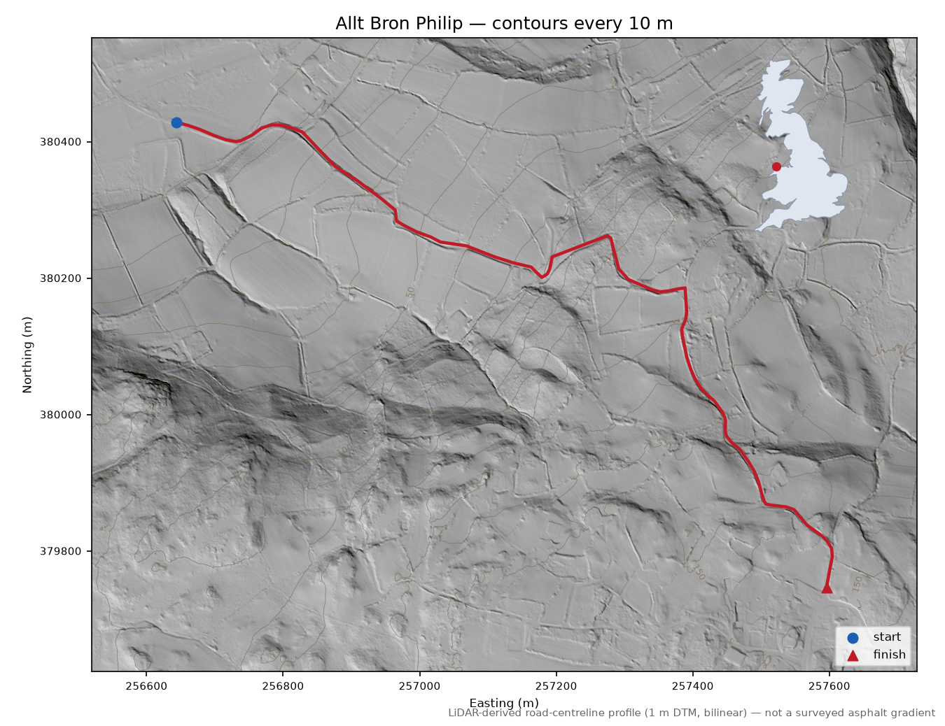 Allt Bron Philip LiDAR hillshade map with contours
