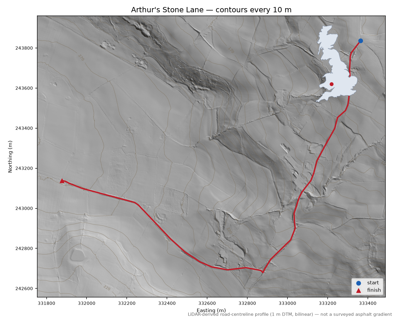 Arthur's Stone Lane LiDAR hillshade map with contours