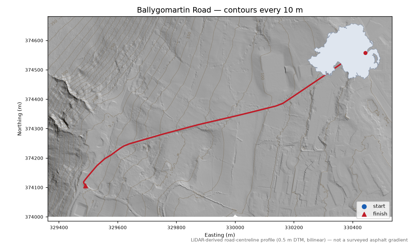 Ballygomartin Road LiDAR hillshade map with contours