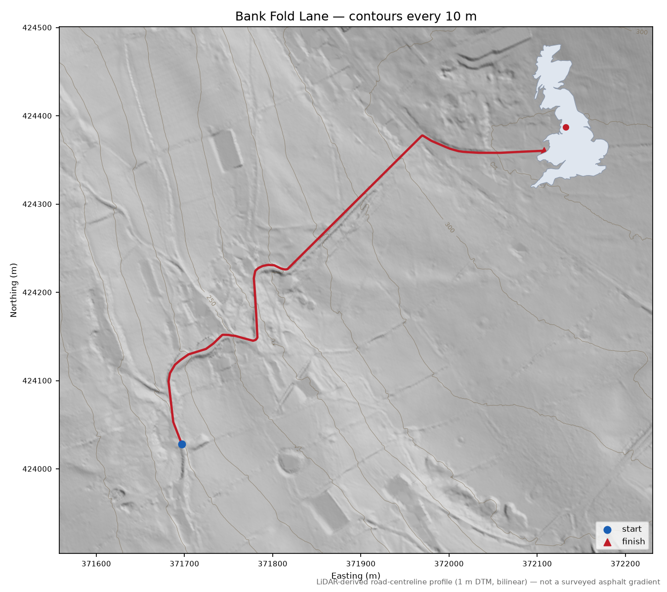 Bank Fold Lane LiDAR hillshade map with contours