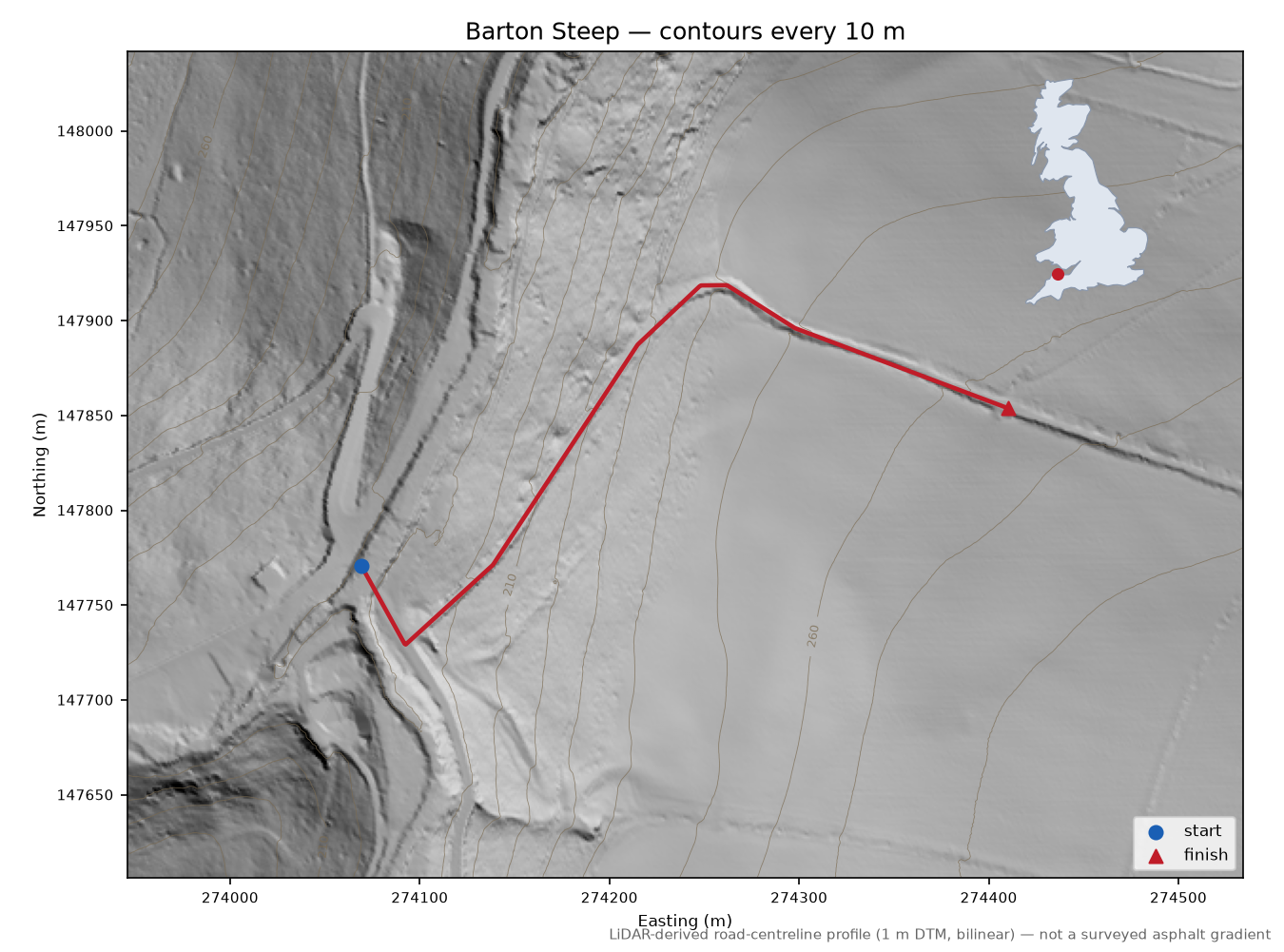 Barton Steep LiDAR hillshade map with contours